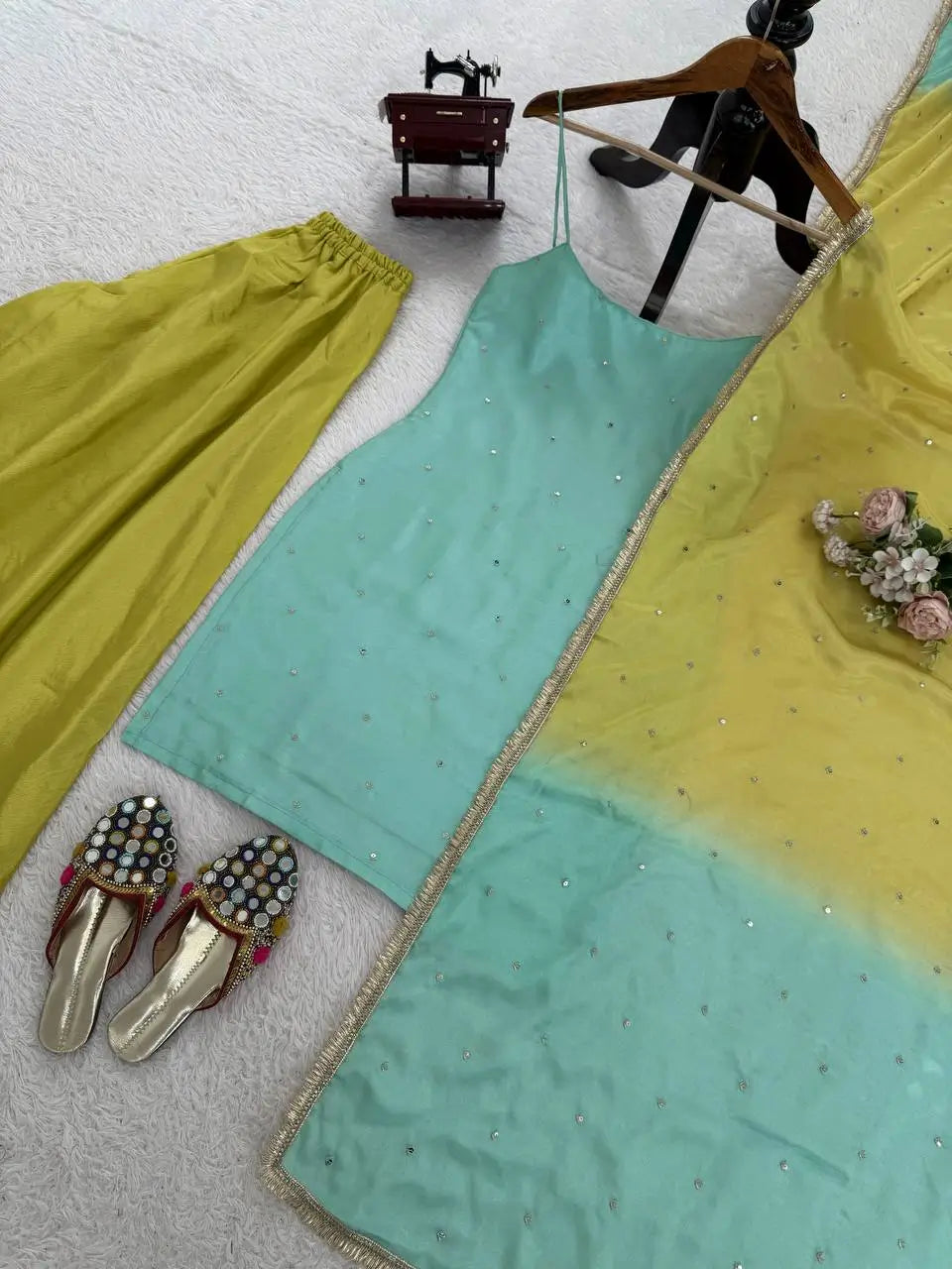 Chinon Silk Sequence Work Kurta Set with Palazzo & Dupatta – Elegant Festive Wear