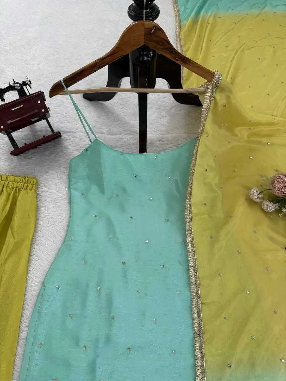 Chinon Silk Sequence Work Kurta Set with Palazzo & Dupatta – Elegant Festive Wear