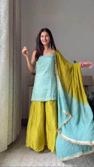 Chinon Silk Sequence Work Kurta Set with Palazzo & Dupatta – Elegant Festive Wear