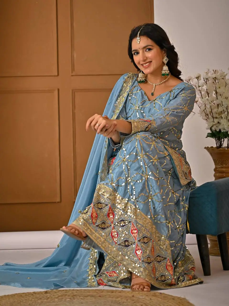 Chinon Silk Sharara Set With Sequin Embroidery