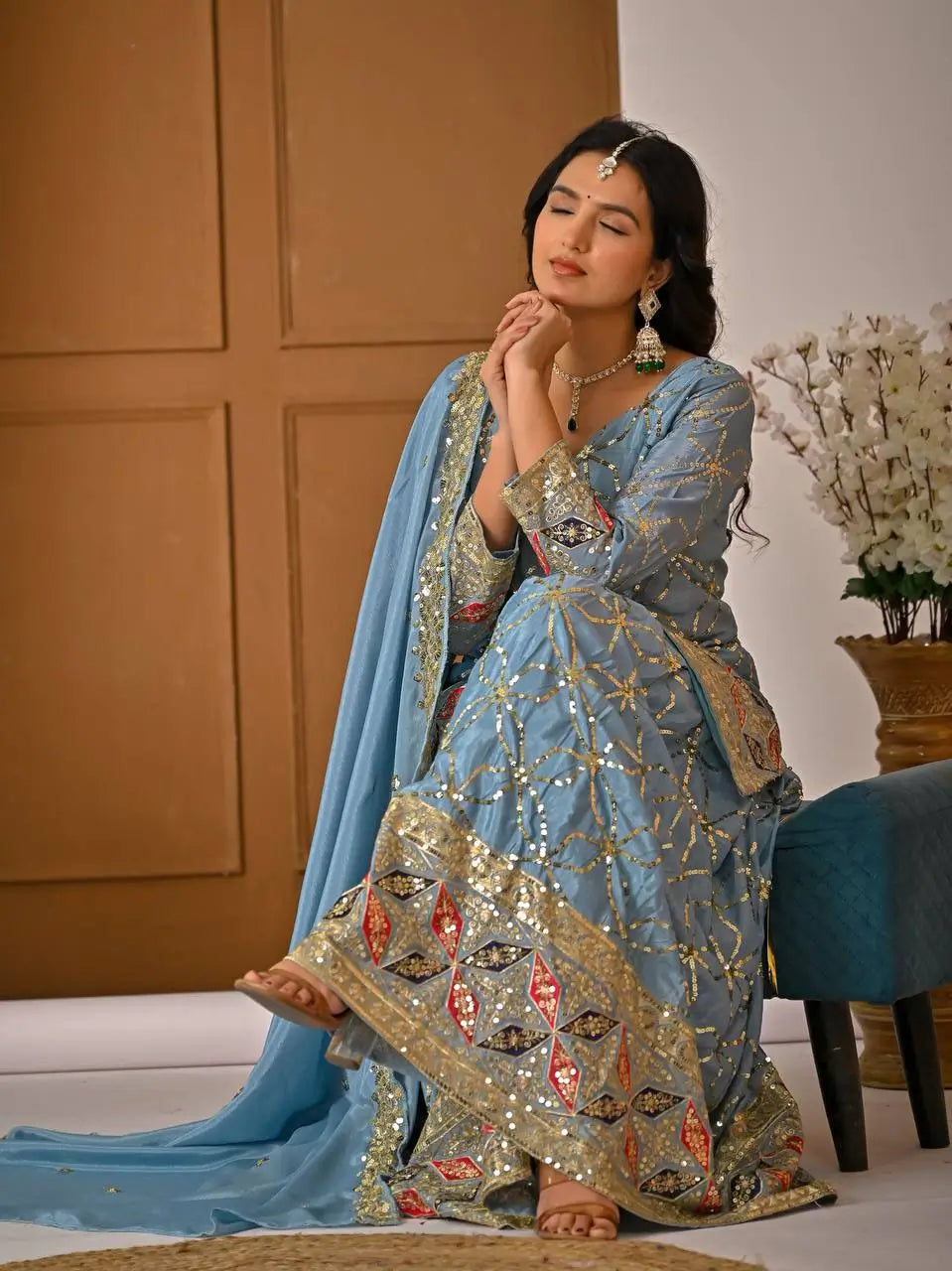 Chinon Silk Sharara Set With Sequin Embroidery