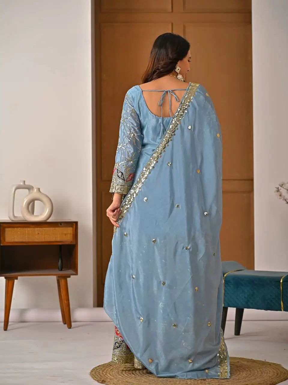 Chinon Silk Sharara Set With Sequin Embroidery