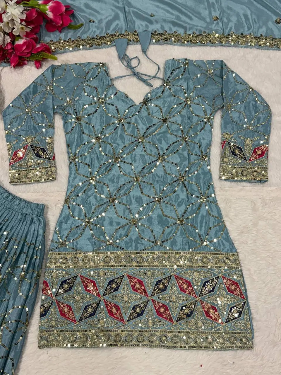 Chinon Silk Sharara Set With Sequin Embroidery