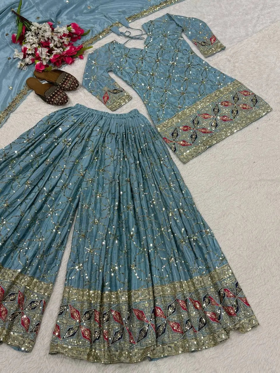 Chinon Silk Sharara Set With Sequin Embroidery