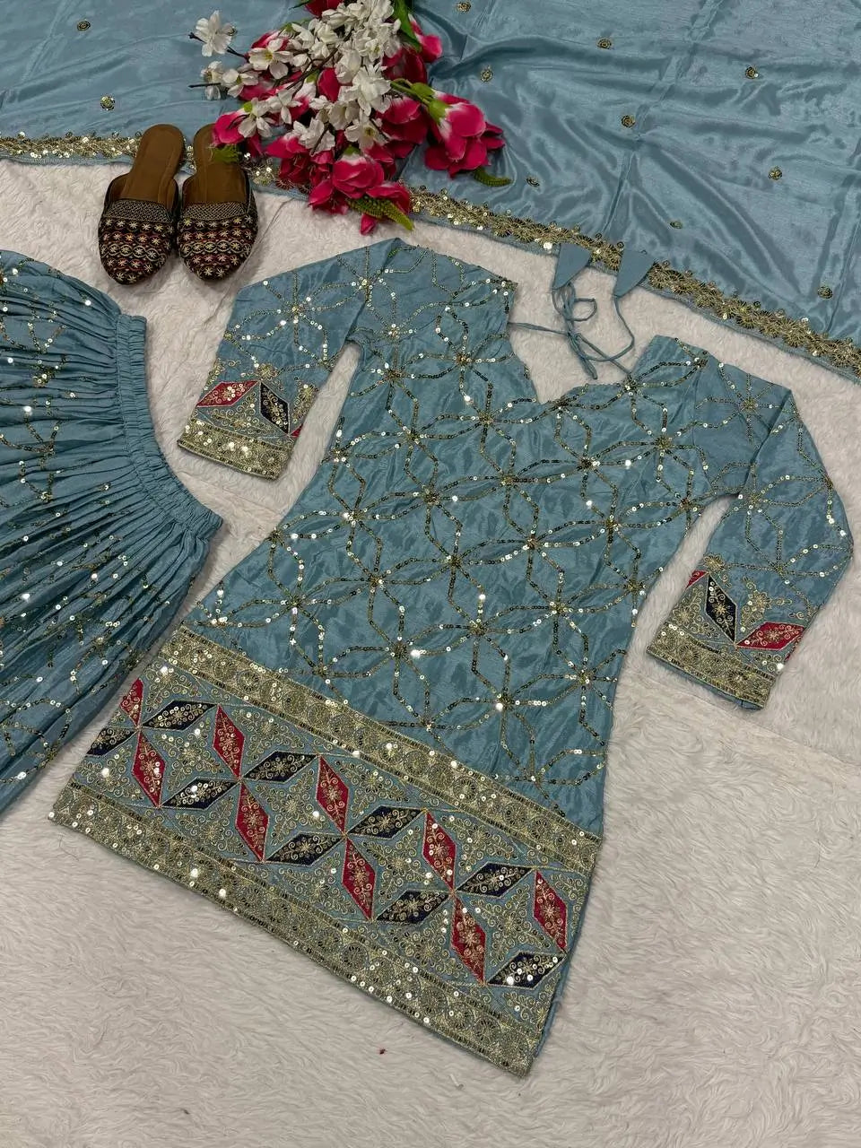 Chinon Silk Sharara Set With Sequin Embroidery