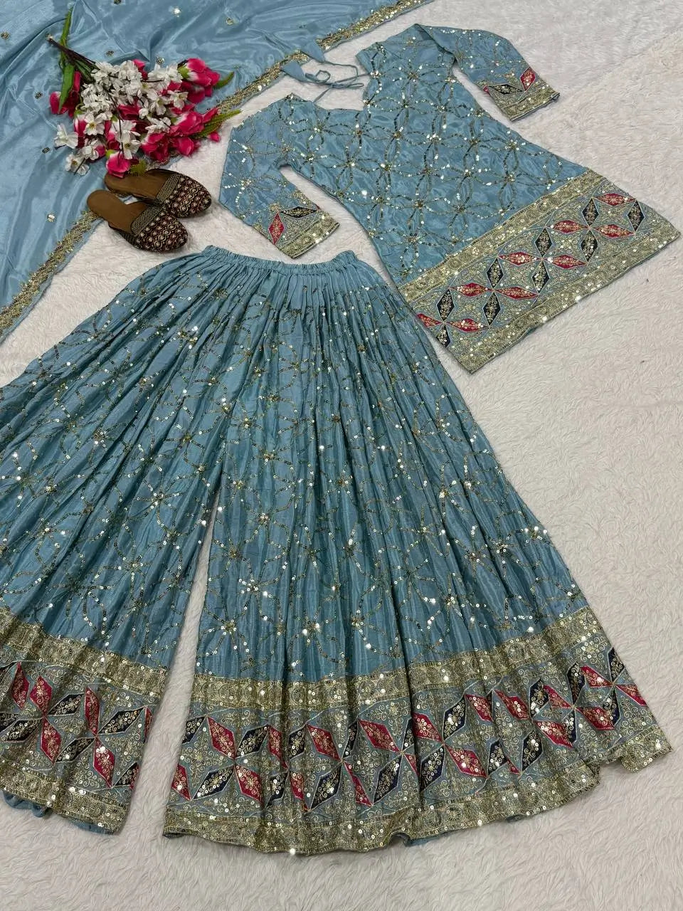 Chinon Silk Sharara Set With Sequin Embroidery