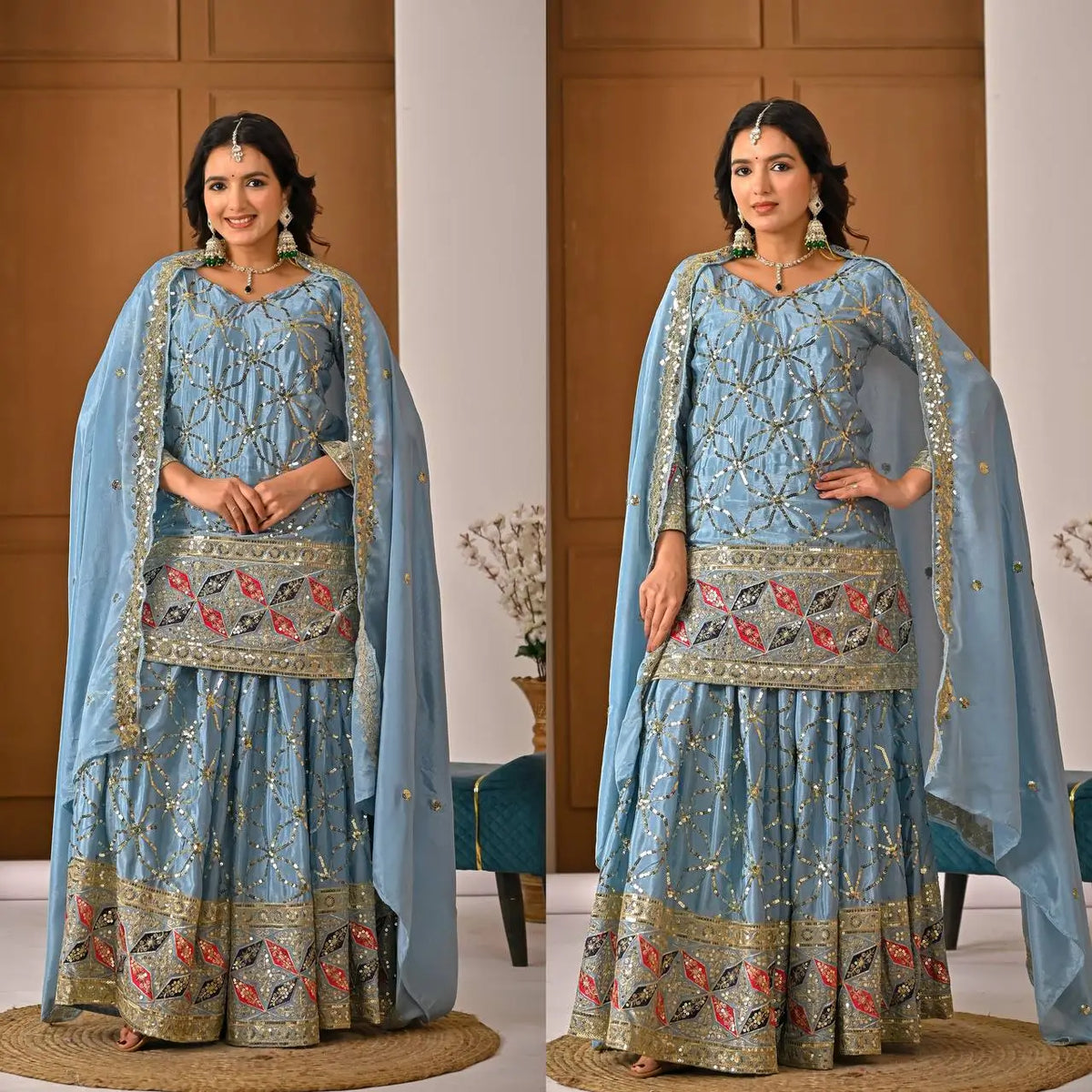Chinon Silk Sharara Set With Sequin Embroidery