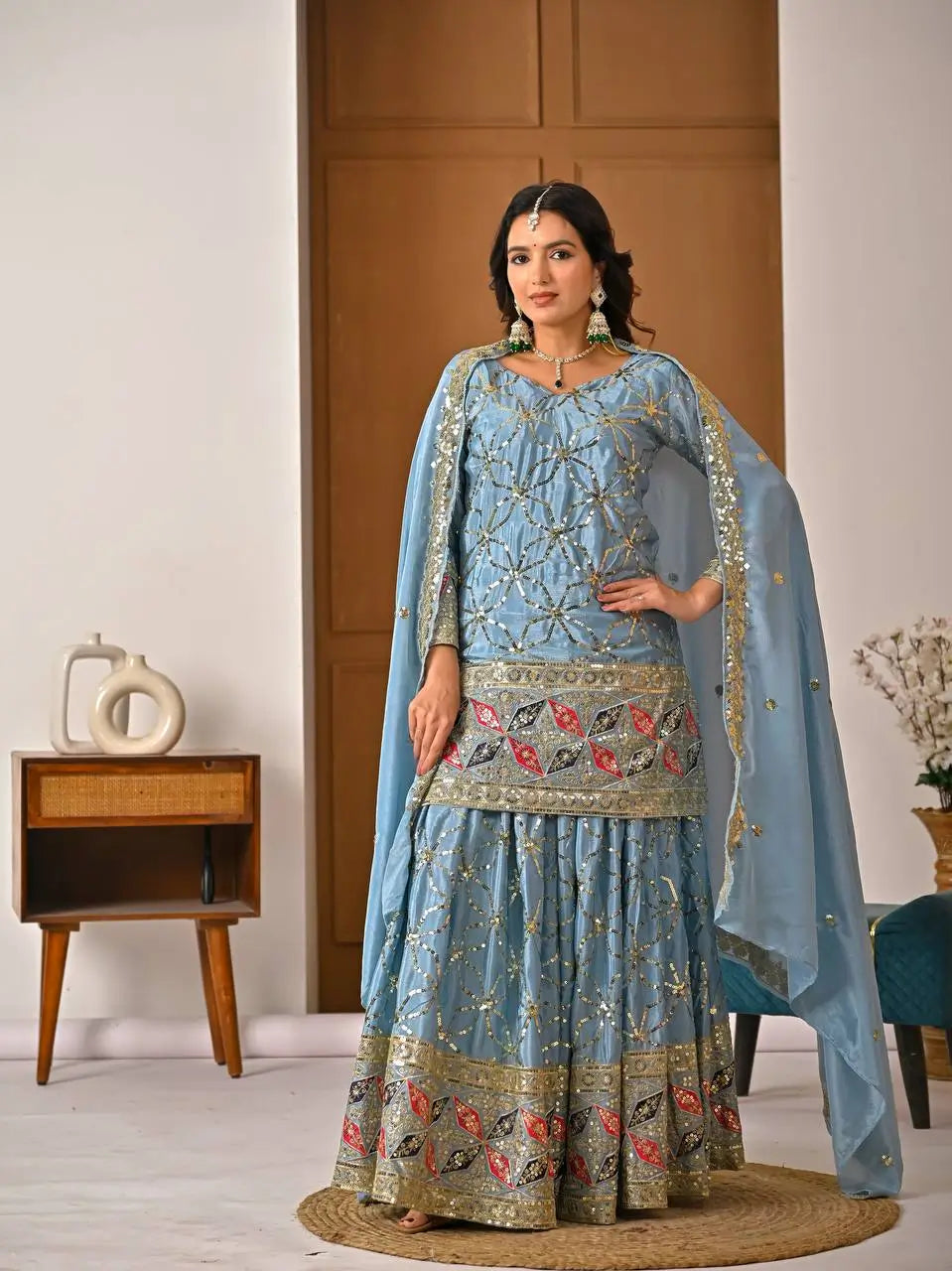 Chinon Silk Sharara Set With Sequin Embroidery