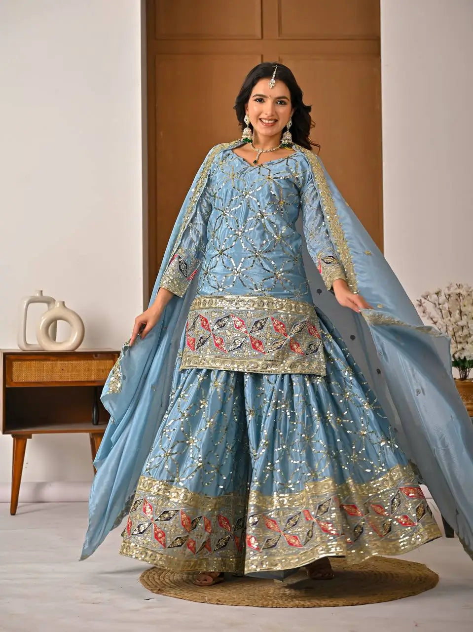 Chinon Silk Sharara Set With Sequin Embroidery
