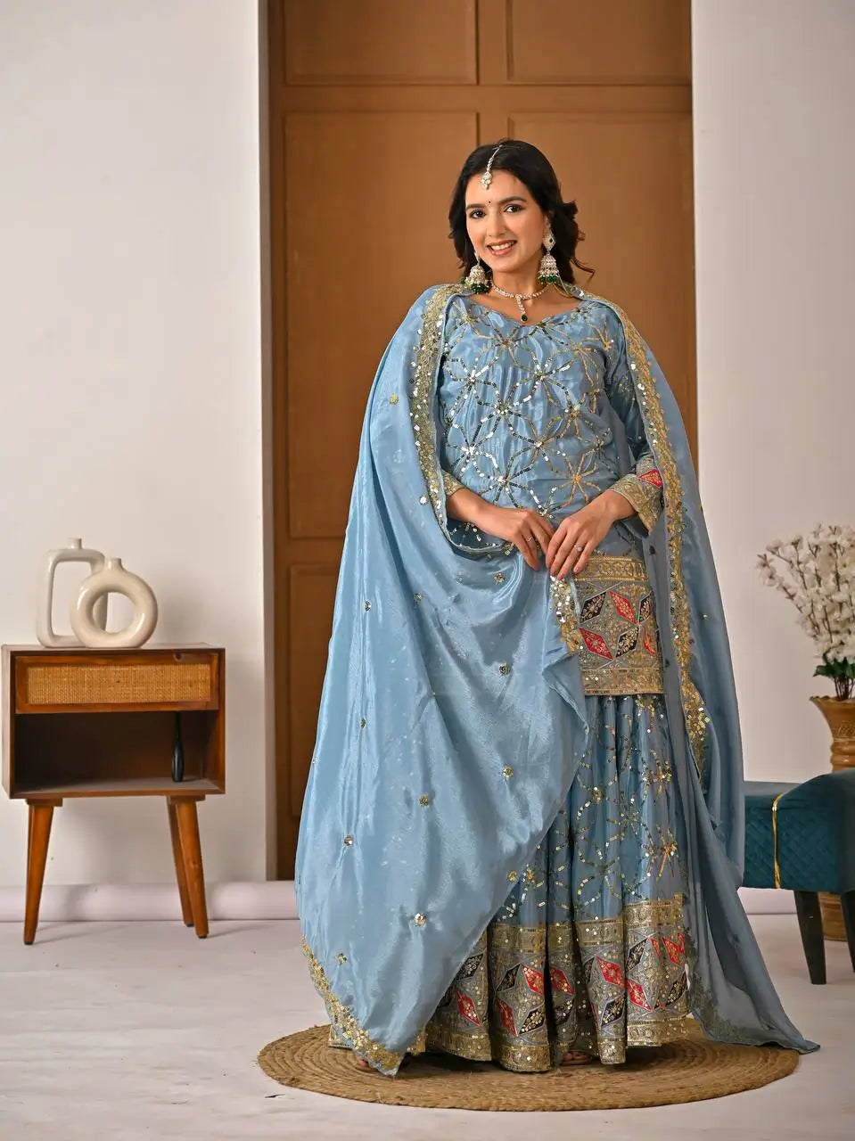 Chinon Silk Sharara Set With Sequin Embroidery