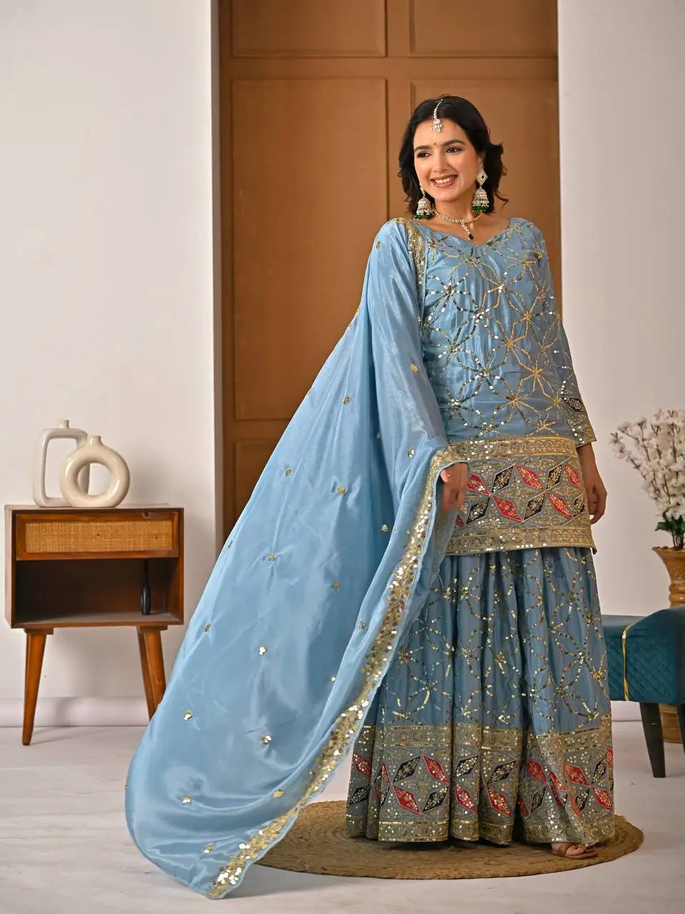 Chinon Silk Sharara Set With Sequin Embroidery