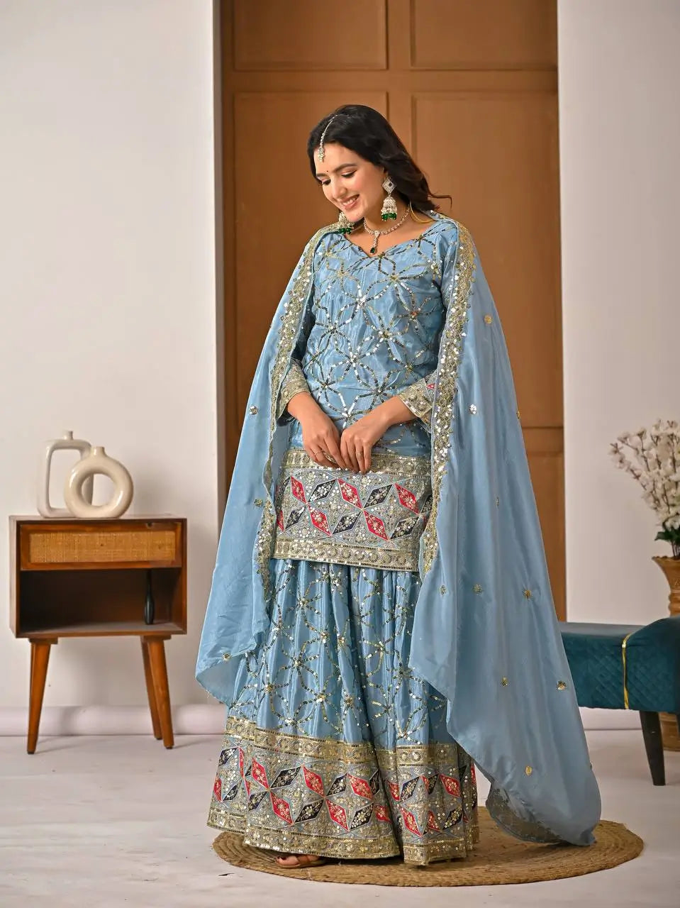 Chinon Silk Sharara Set With Sequin Embroidery