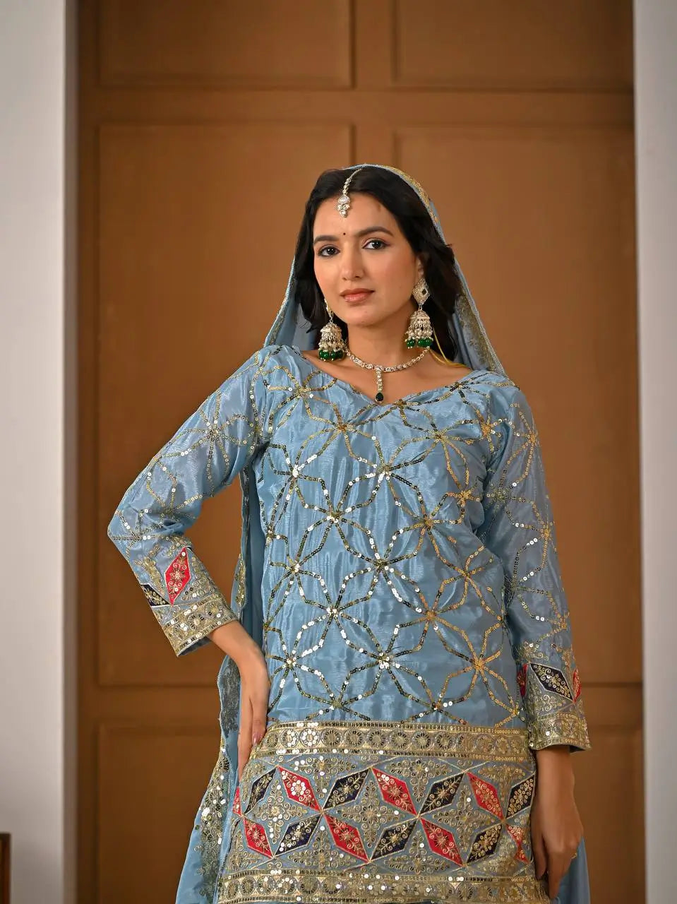 Chinon Silk Sharara Set With Sequin Embroidery