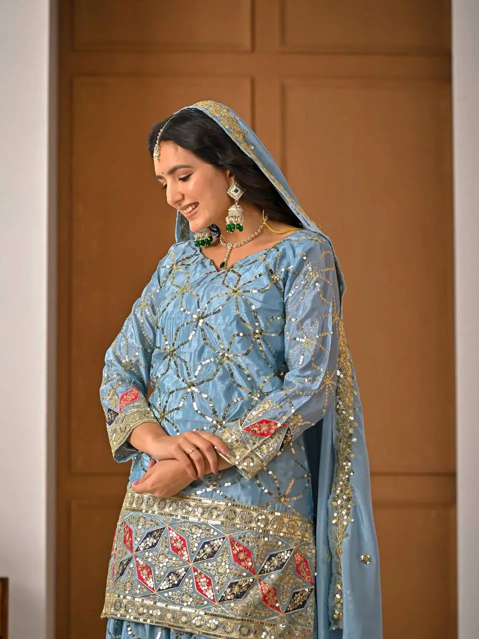Chinon Silk Sharara Set With Sequin Embroidery