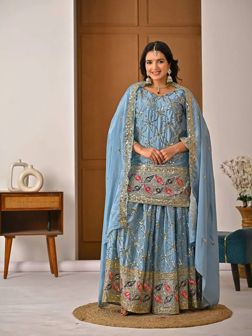 Chinon Silk Sharara Set With Sequin Embroidery
