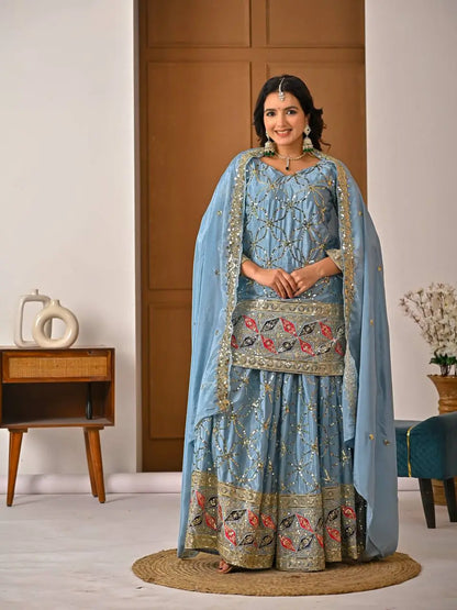 Chinon Silk Sharara Set With Sequin Embroidery