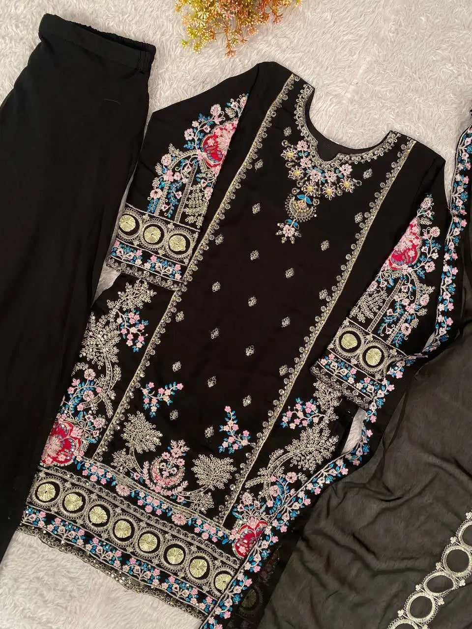 Classic Black Fox Georgette Sequins Embroidered Kurti Palazzo Set for Wedding & Festive Wear