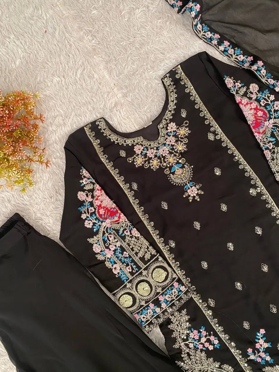 Classic Black Fox Georgette Sequins Embroidered Kurti Palazzo Set for Wedding & Festive Wear