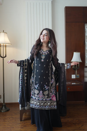 Classic Black Fox Georgette Sequins Embroidered Kurti Palazzo Set for Wedding & Festive Wear