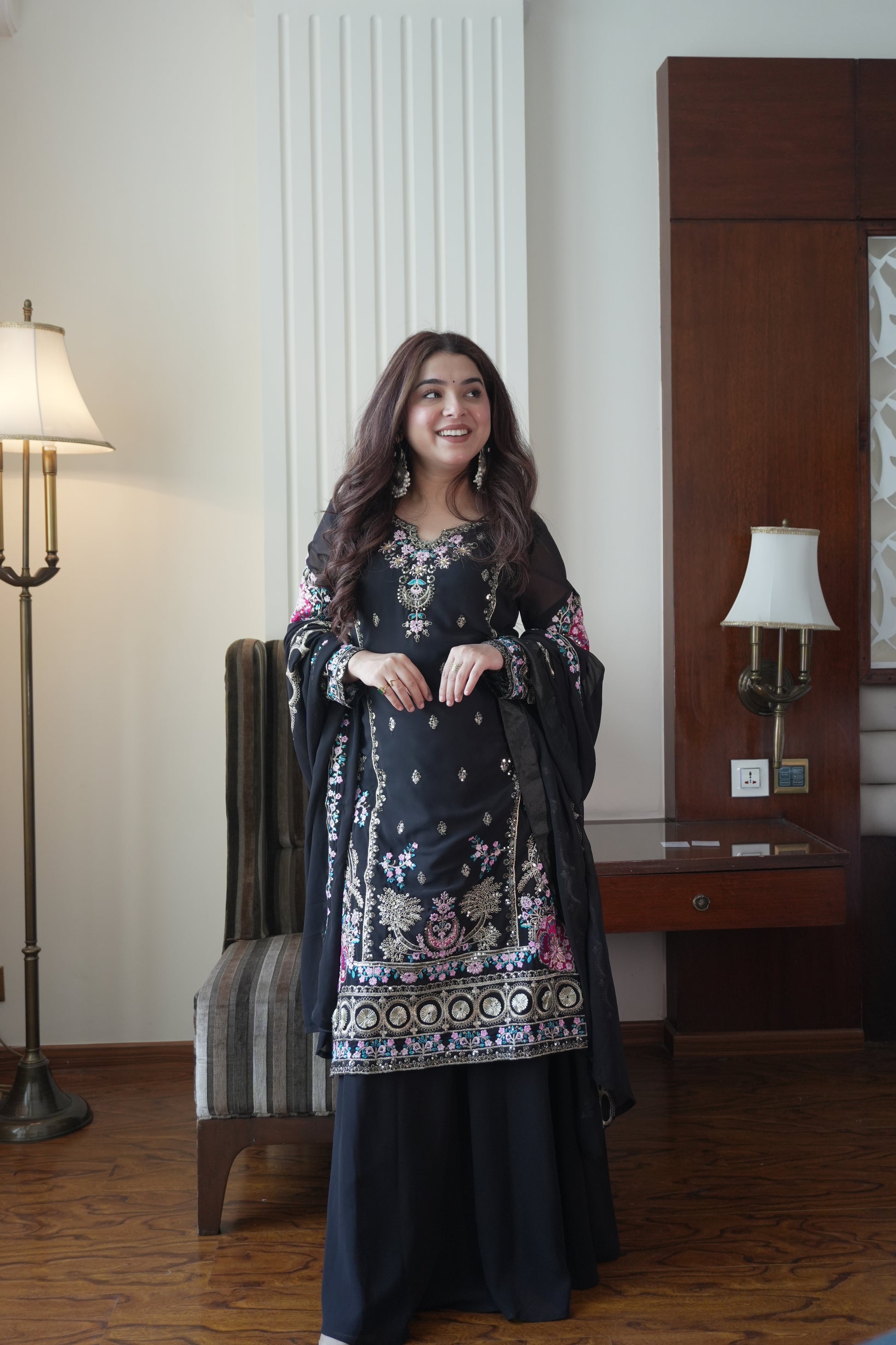 Classic Black Fox Georgette Sequins Embroidered Kurti Palazzo Set for Wedding & Festive Wear