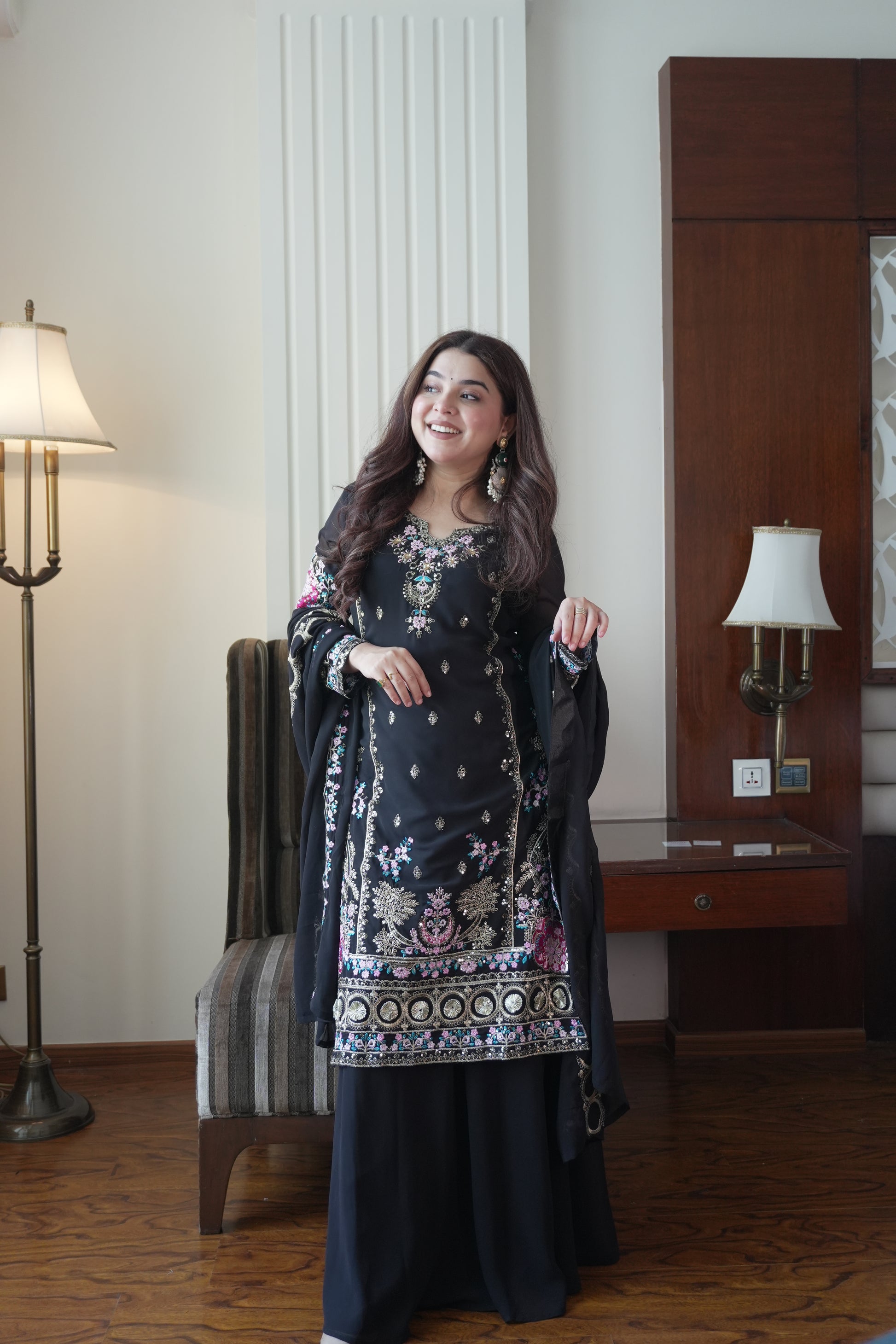 Classic Black Fox Georgette Sequins Embroidered Kurti Palazzo Set for Wedding & Festive Wear