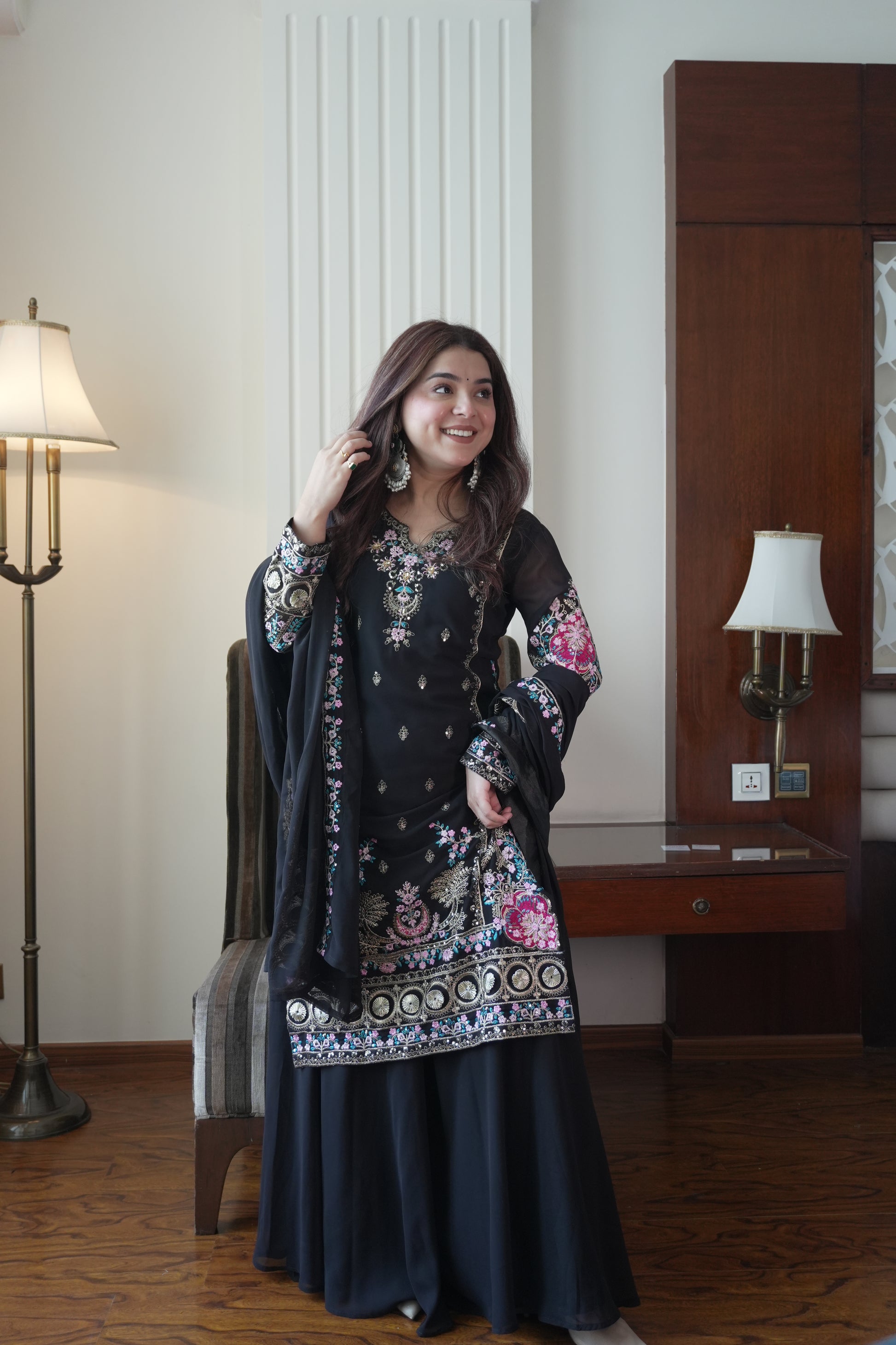 Classic Black Fox Georgette Sequins Embroidered Kurti Palazzo Set for Wedding & Festive Wear