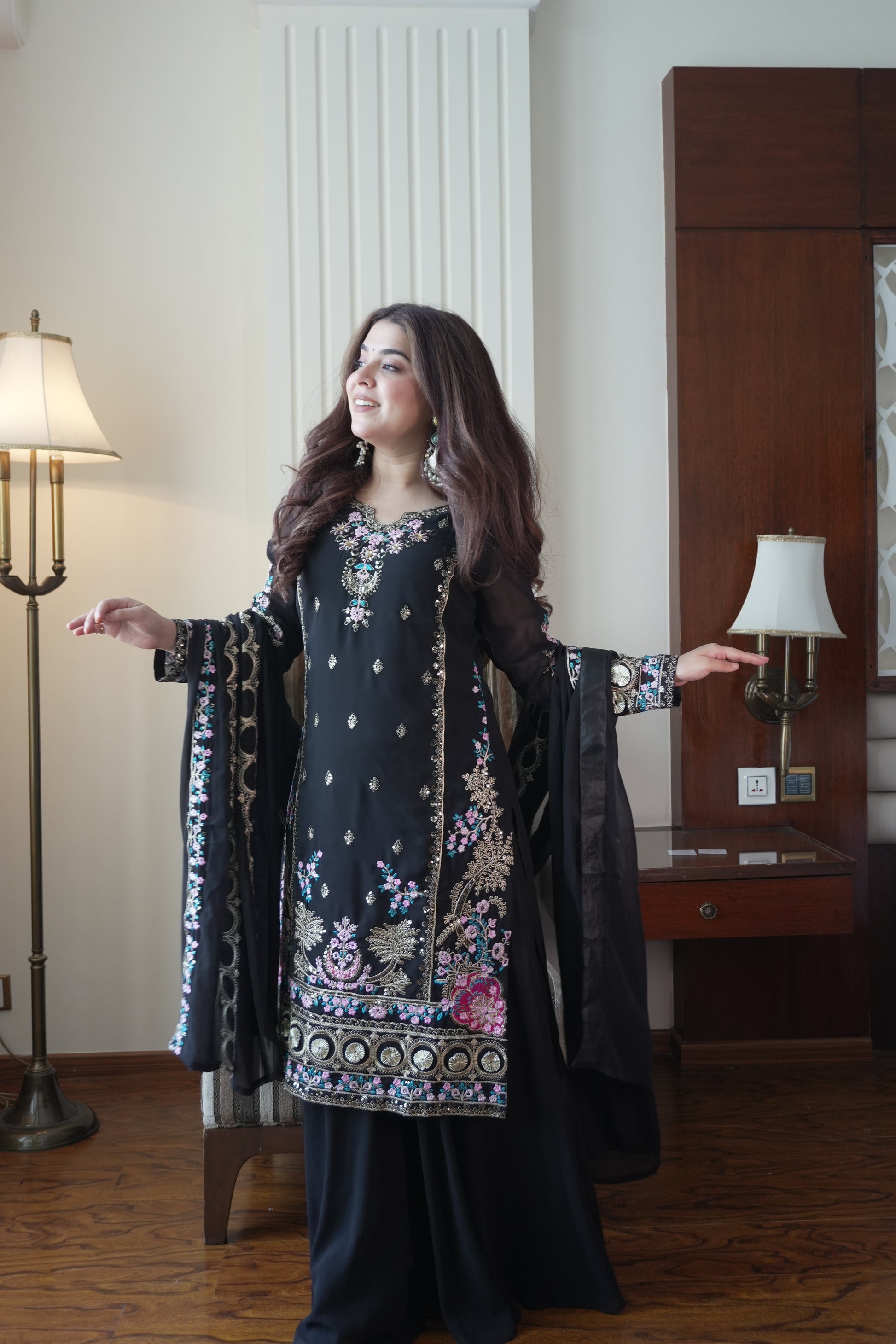 Classic Black Fox Georgette Sequins Embroidered Kurti Palazzo Set for Wedding & Festive Wear