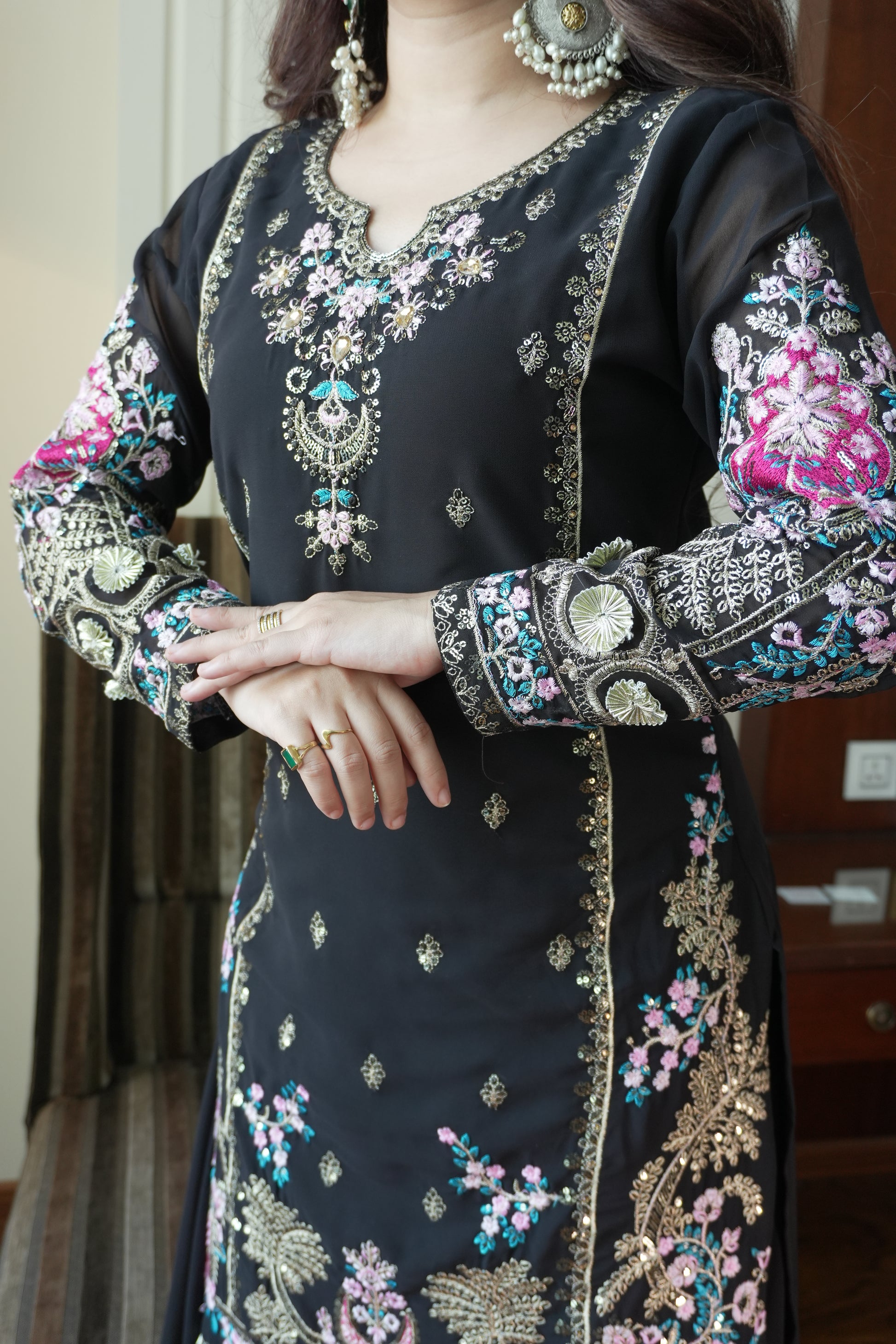 Classic Black Fox Georgette Sequins Embroidered Kurti Palazzo Set for Wedding & Festive Wear