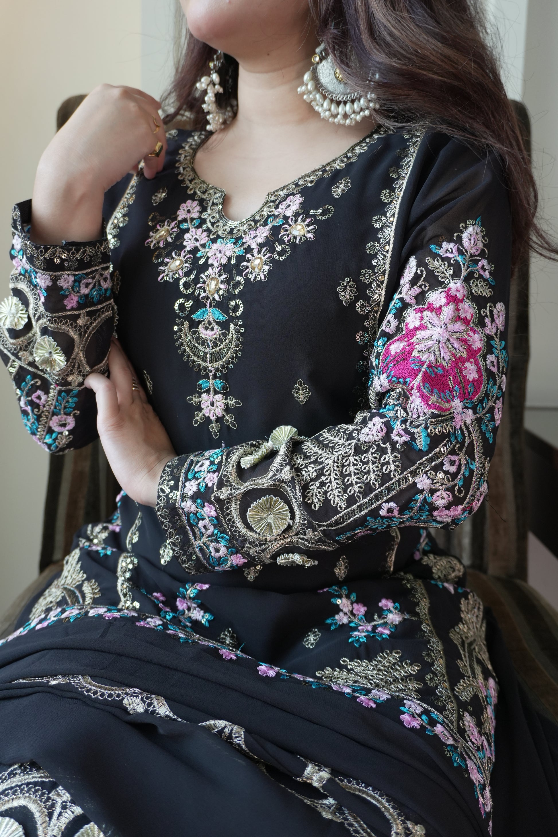 Classic Black Fox Georgette Sequins Embroidered Kurti Palazzo Set for Wedding & Festive Wear