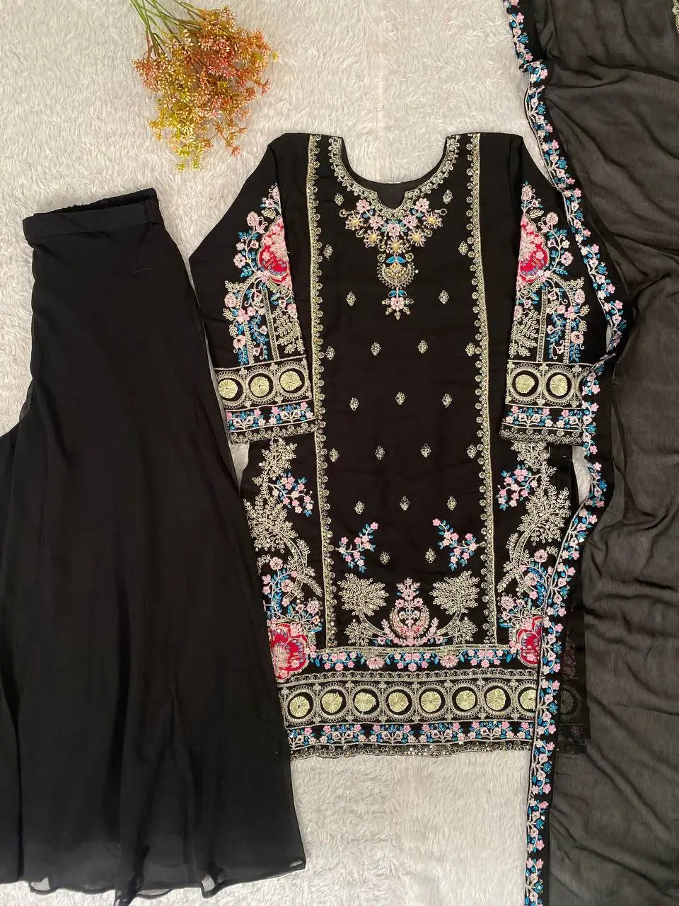 Classic Black Fox Georgette Sequins Embroidered Kurti Palazzo Set for Wedding & Festive Wear