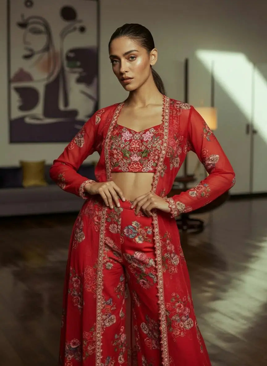 Woman wearing a red traditional outfit with floral patterns in a room.