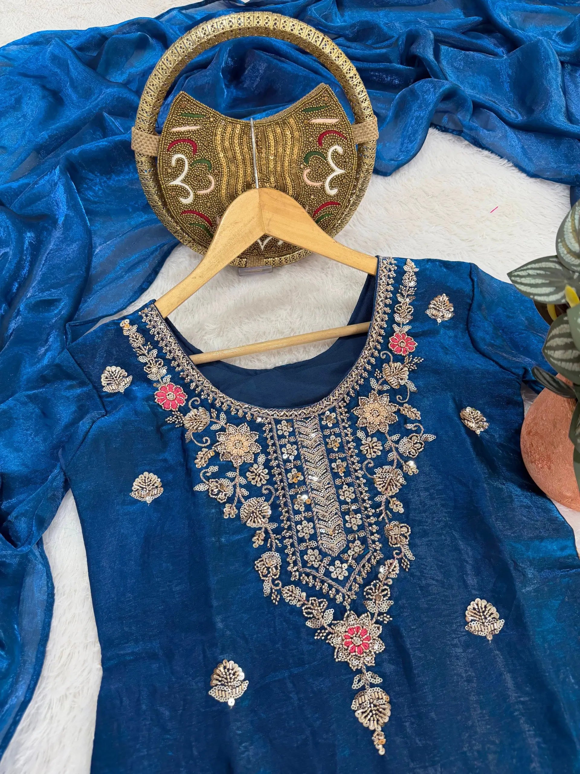 Cobalt Fendi Silk Zari Embroidery Kurta Set