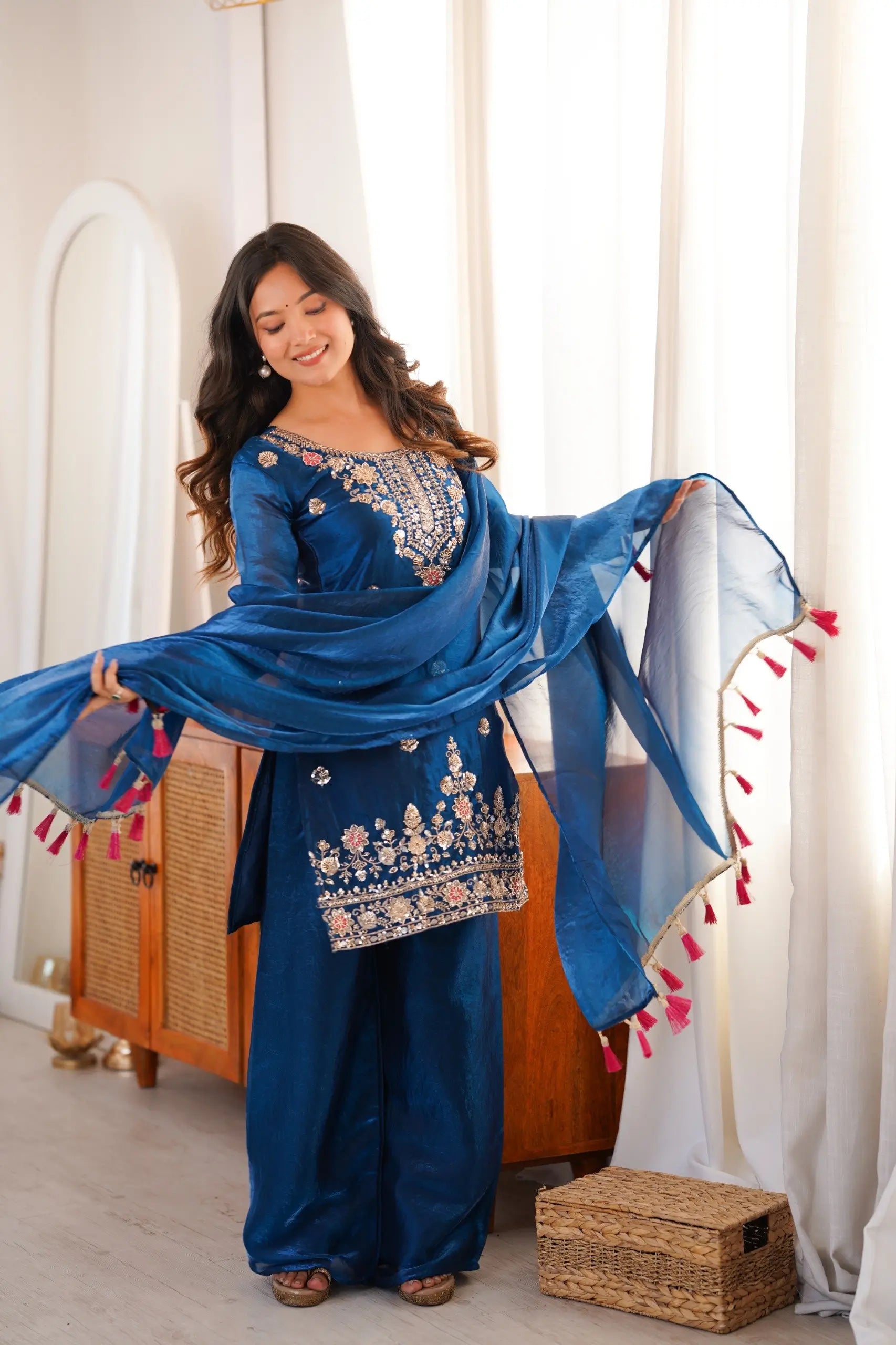 Cobalt Fendi Silk Zari Embroidery Kurta Set