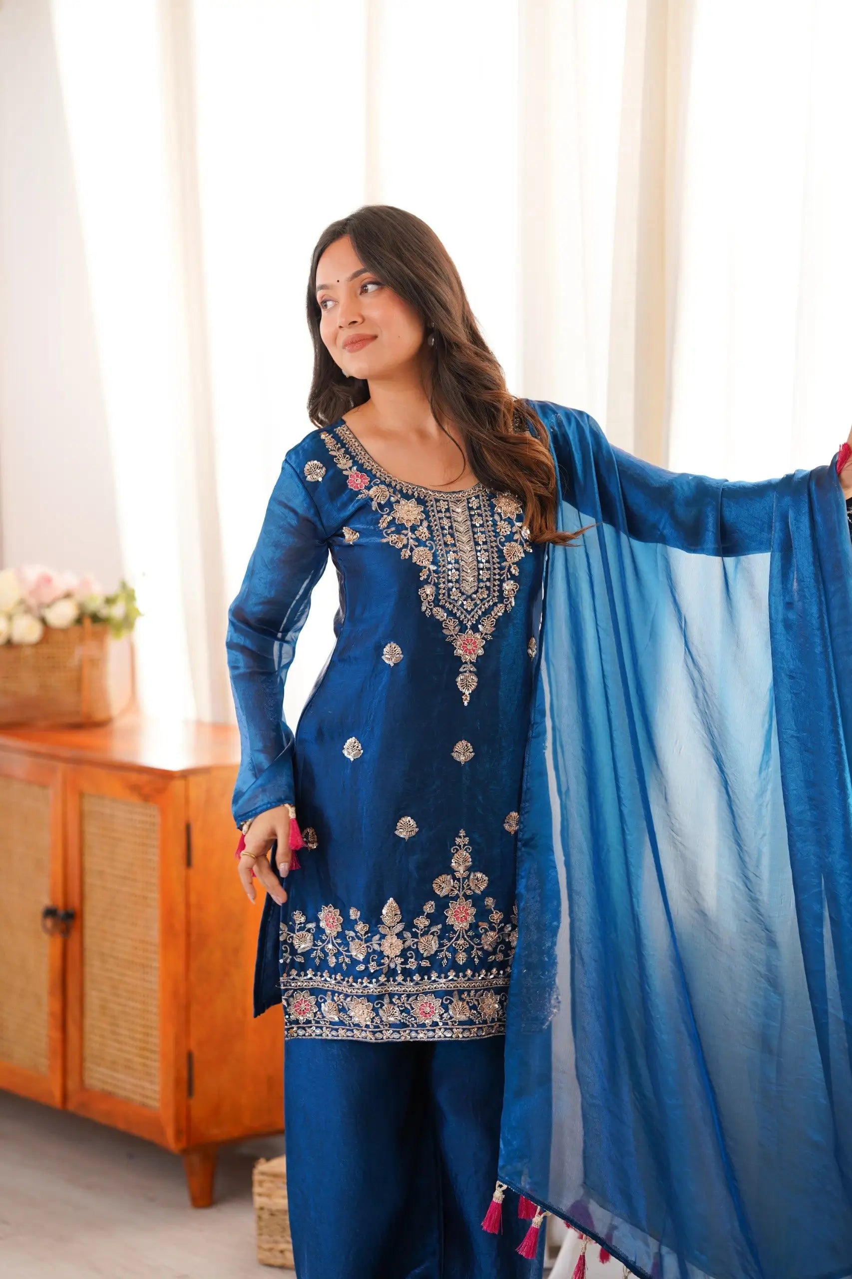 Cobalt Fendi Silk Zari Embroidery Kurta Set