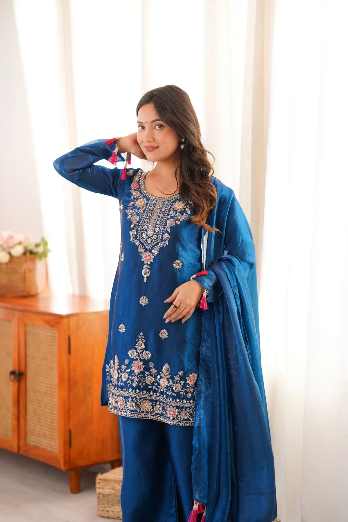 Cobalt Fendi Silk Zari Embroidery Kurta Set