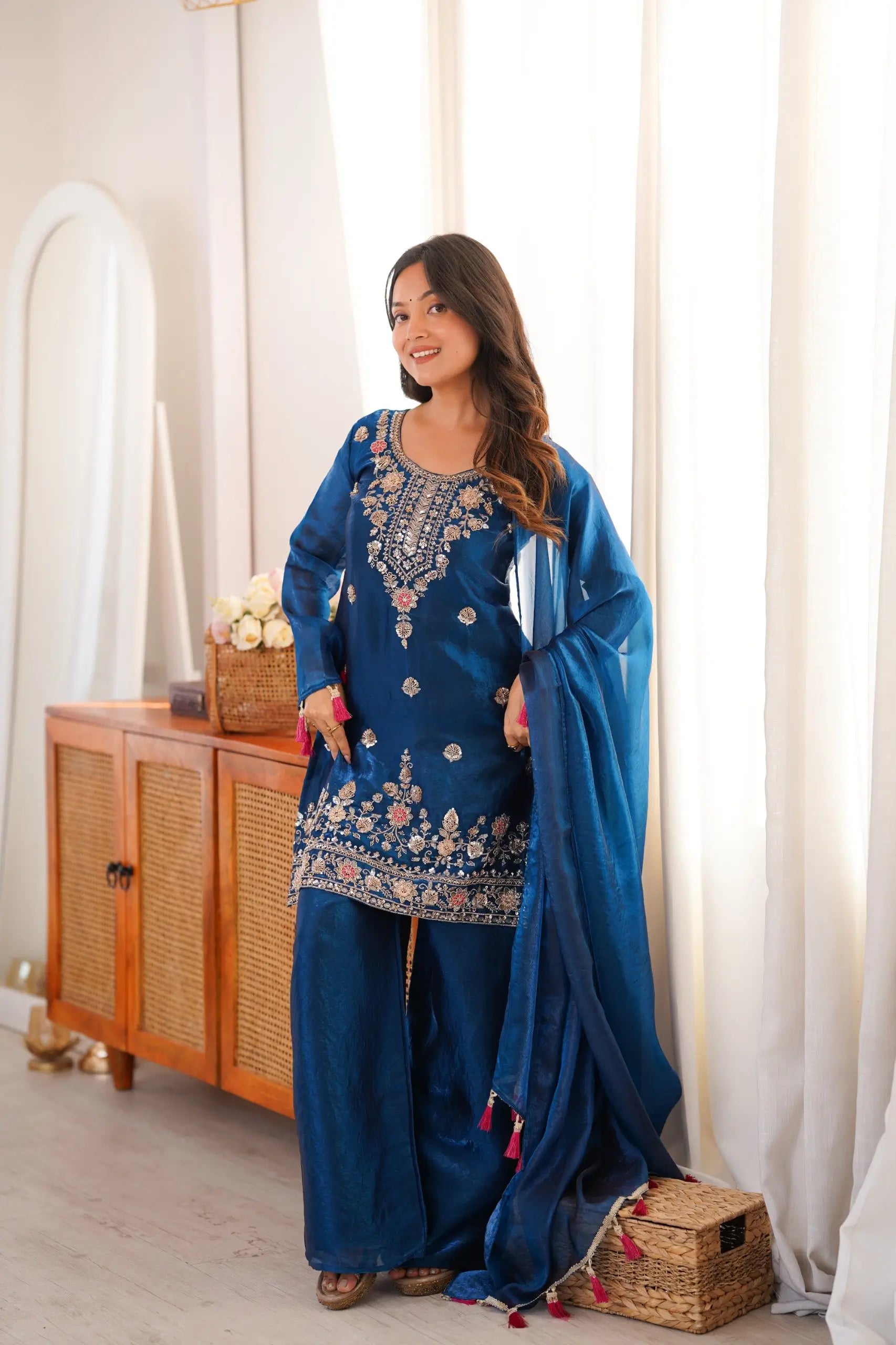 Cobalt Fendi Silk Zari Embroidery Kurta Set