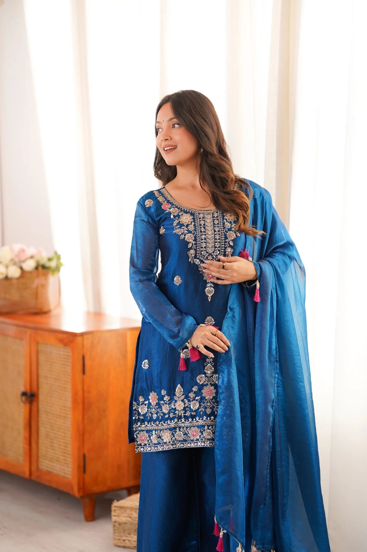 Cobalt Fendi Silk Zari Embroidery Kurta Set
