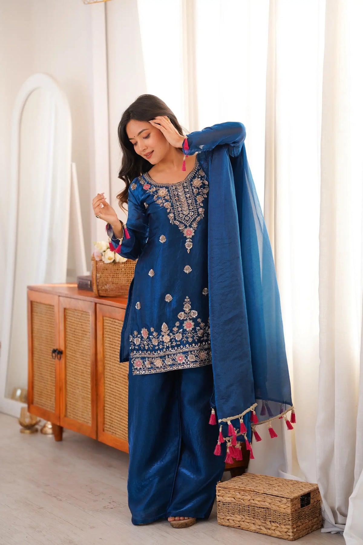 Cobalt Fendi Silk Zari Embroidery Kurta Set