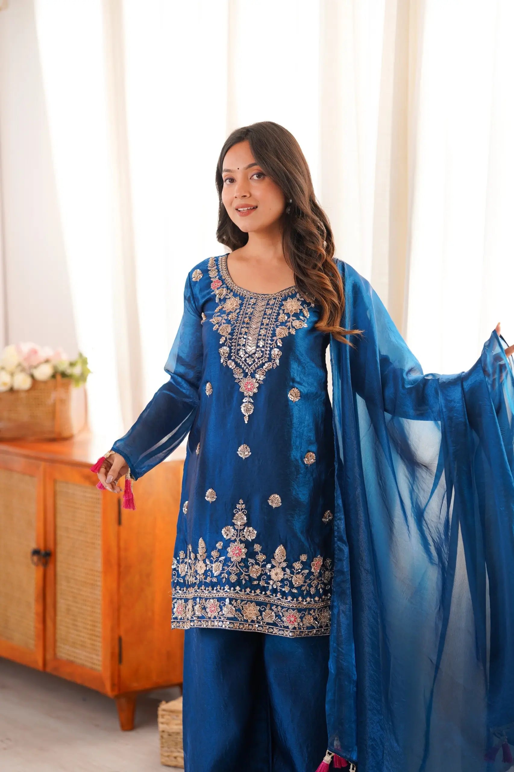 Cobalt Fendi Silk Zari Embroidery Kurta Set