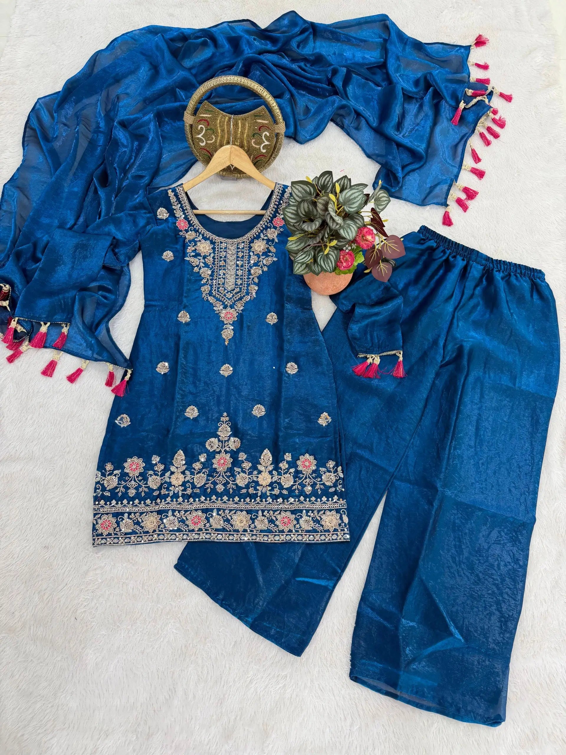 Cobalt Fendi Silk Zari Embroidery Kurta Set
