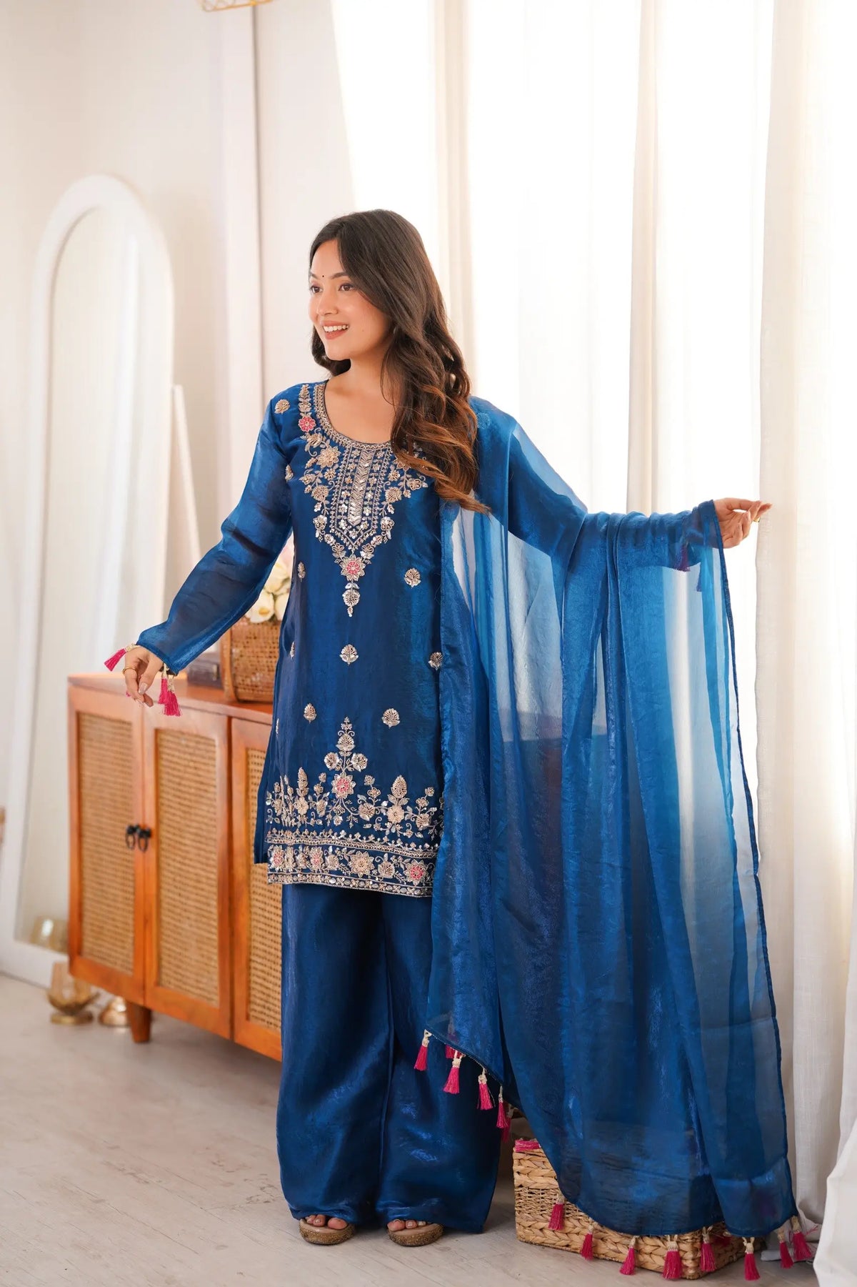 Cobalt Fendi Silk Zari Embroidery Kurta Set