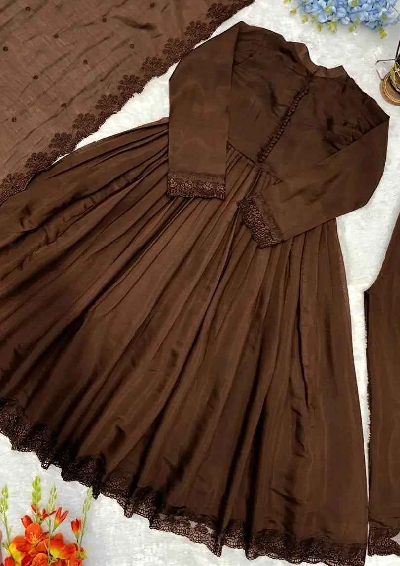 Cocoa Roman Silk Anarkali Gown with Dupatta