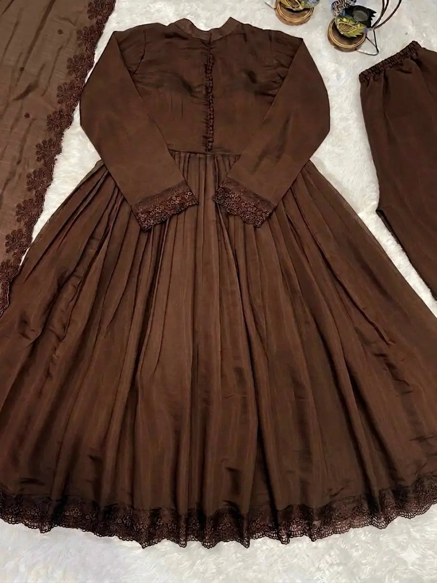 Cocoa Roman Silk Anarkali Gown with Dupatta