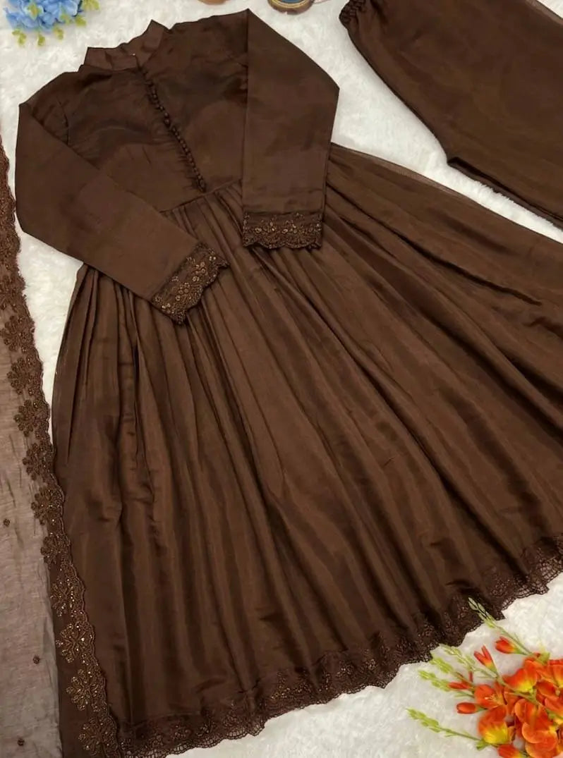 Cocoa Roman Silk Anarkali Gown with Dupatta