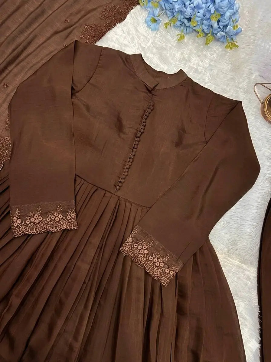 Cocoa Roman Silk Anarkali Gown with Dupatta