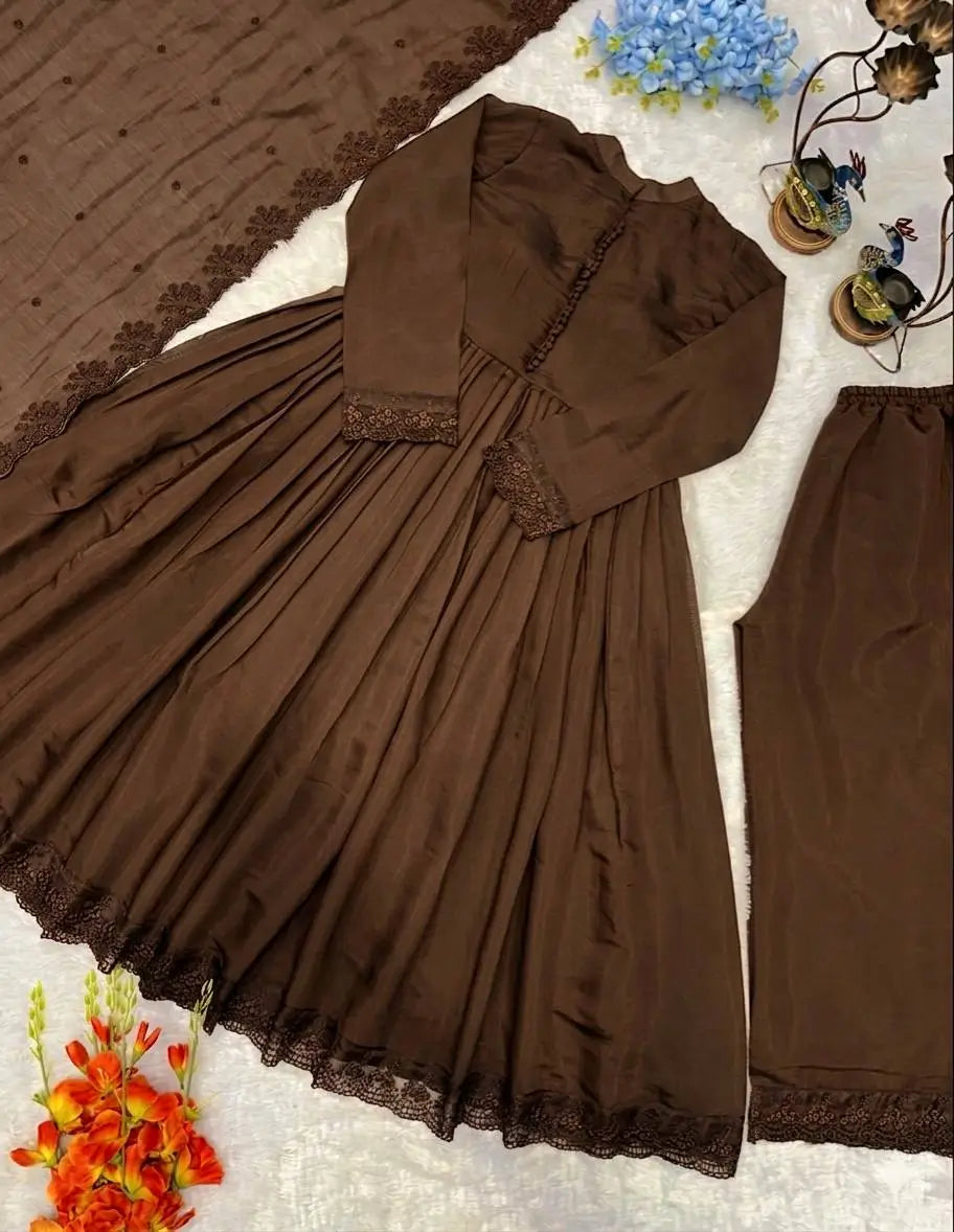 Cocoa Roman Silk Anarkali Gown with Dupatta