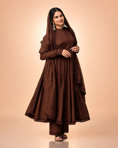 Cocoa Roman Silk Anarkali Gown with Dupatta