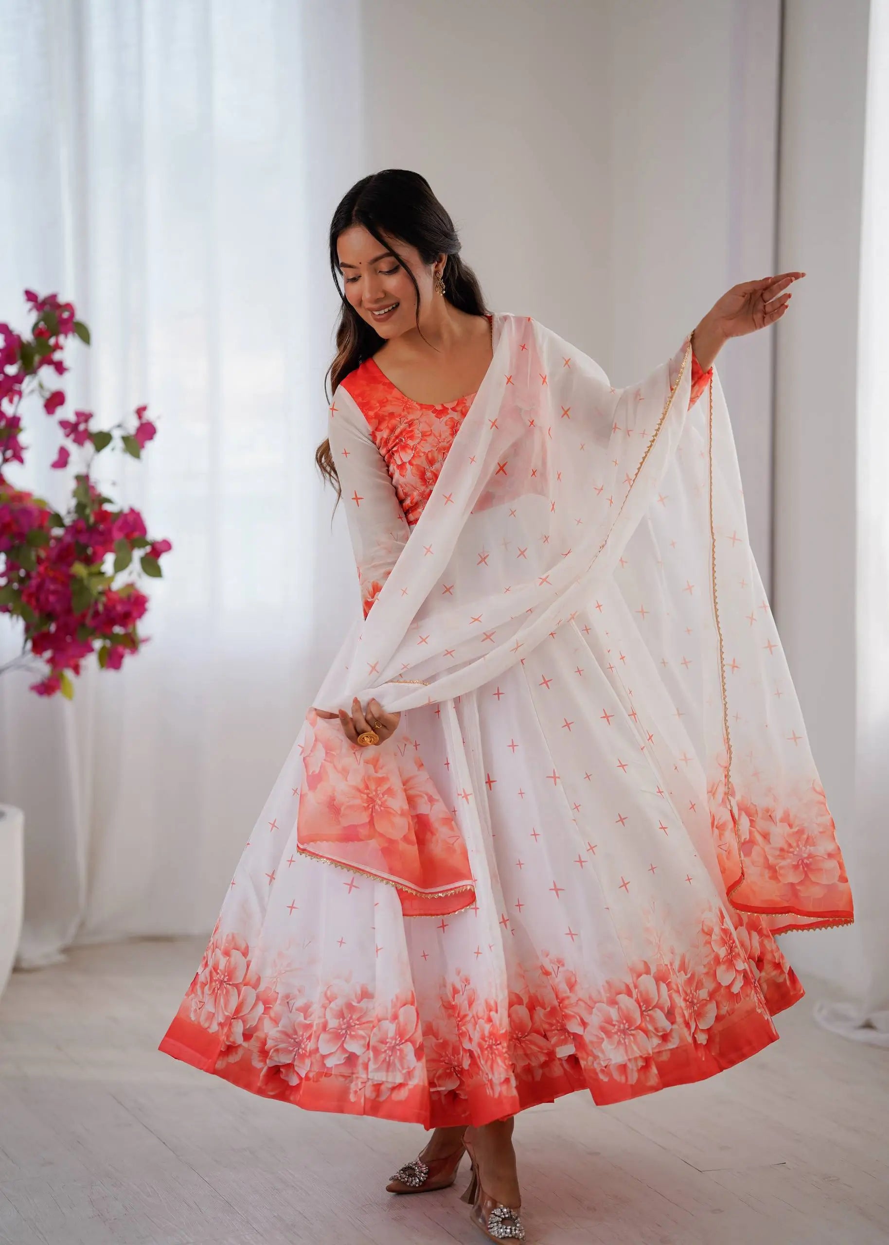 Coral Bloom Organza Taby Silk Digital Print Anarkali Gown Set