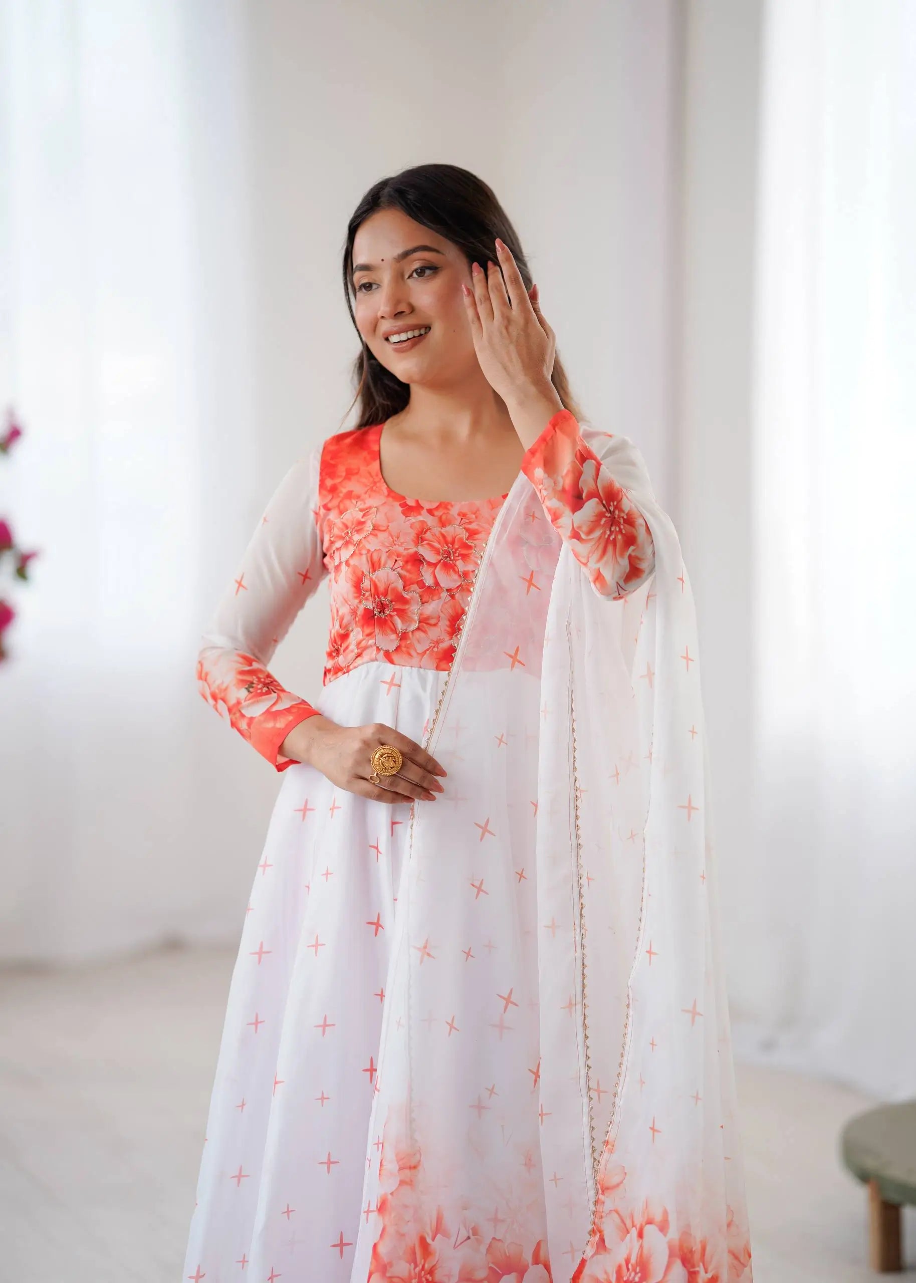 Coral Bloom Organza Taby Silk Digital Print Anarkali Gown Set