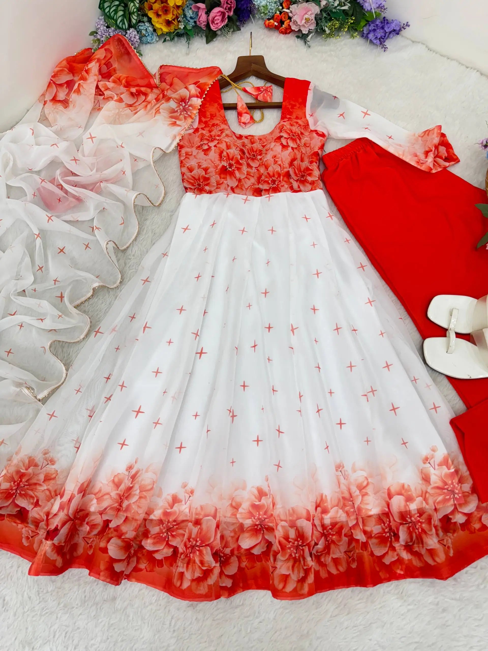 Coral Bloom Organza Taby Silk Digital Print Anarkali Gown Set